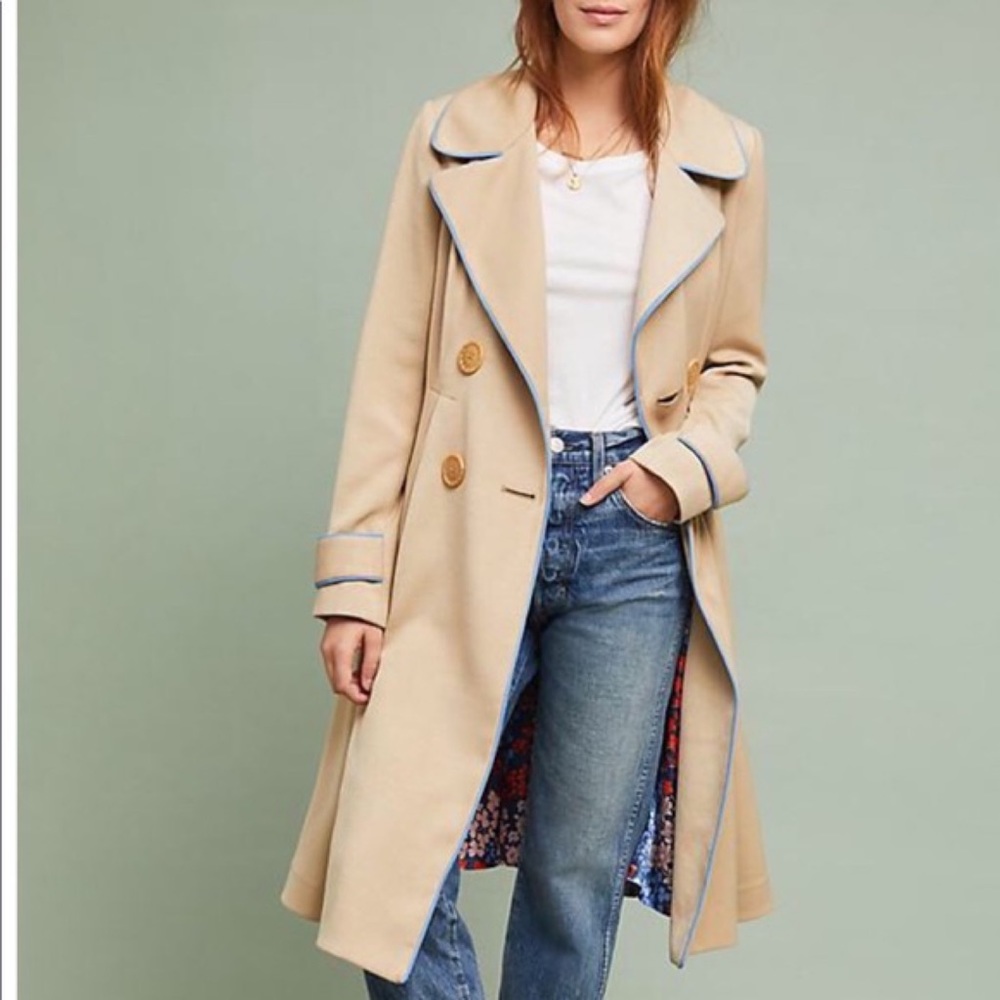 $288 Anthropologie Piped Trench Tan Trench Coat 10